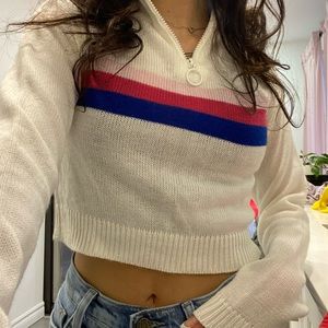 soft knit long sleeve white shirt with pink and blue stripes, zip up collar